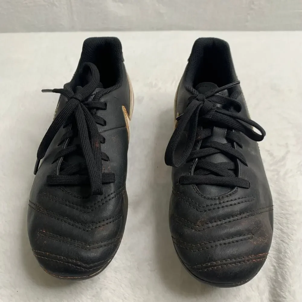 Nike Tiempo Rio III FG Boys Sz 1 Youth Soccer Cleats Black White Gold Leather